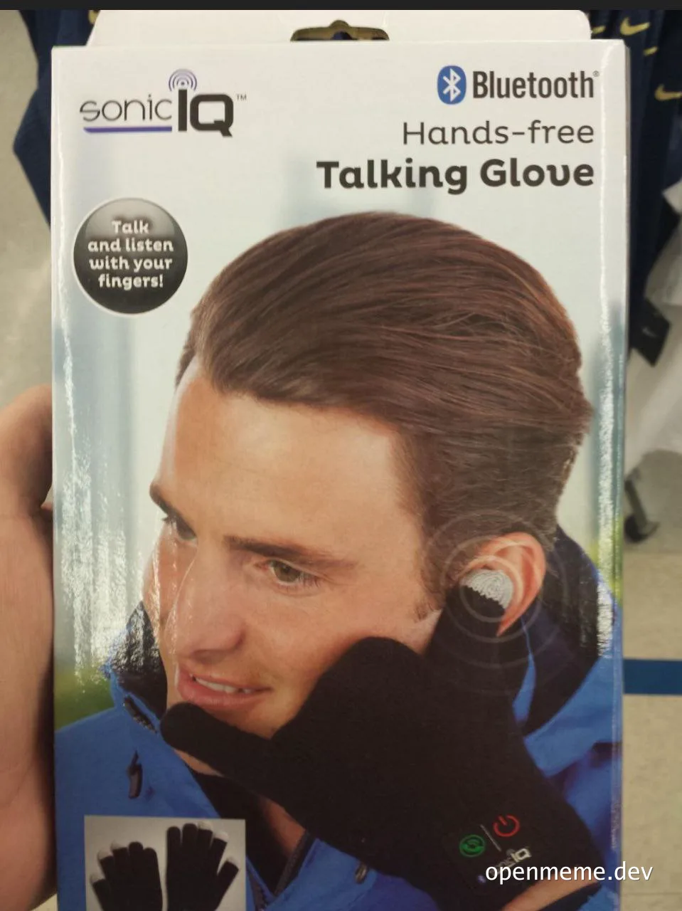 A box for the SonicIQ Bluetooth Talking Glove showing a man holding a black glove to his ear to talk