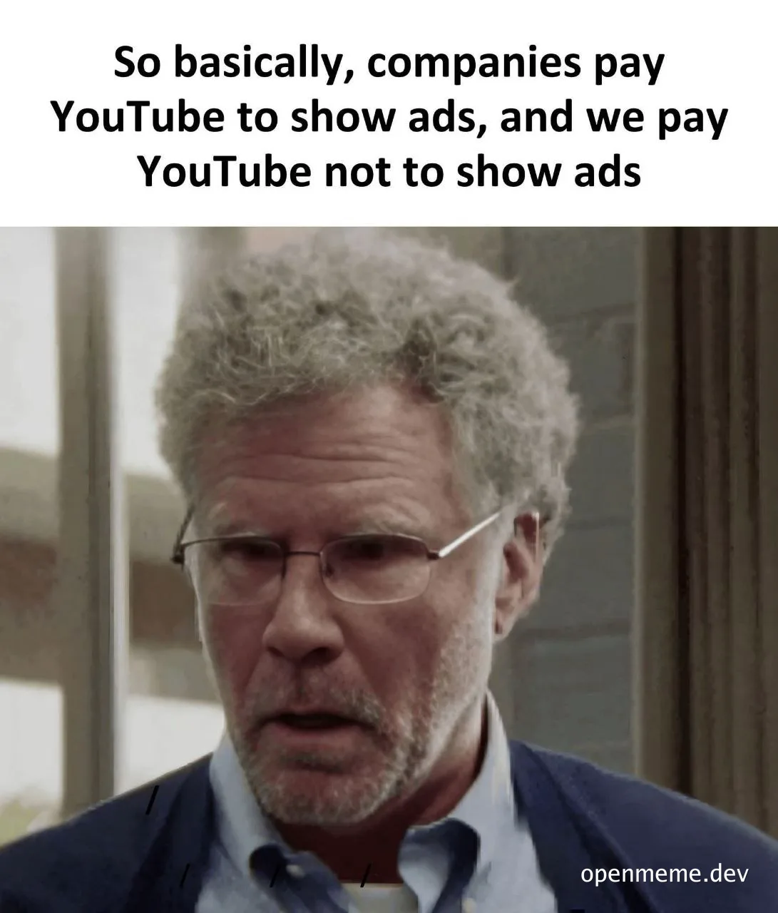 Confused man looking at camera with text about YouTube ads