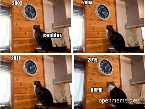 A four-panel meme showing a cat sitting in front of a clock in a wooden room across the years 2002, 2004, 2011, and 2019 with the text Rambler and Пора!