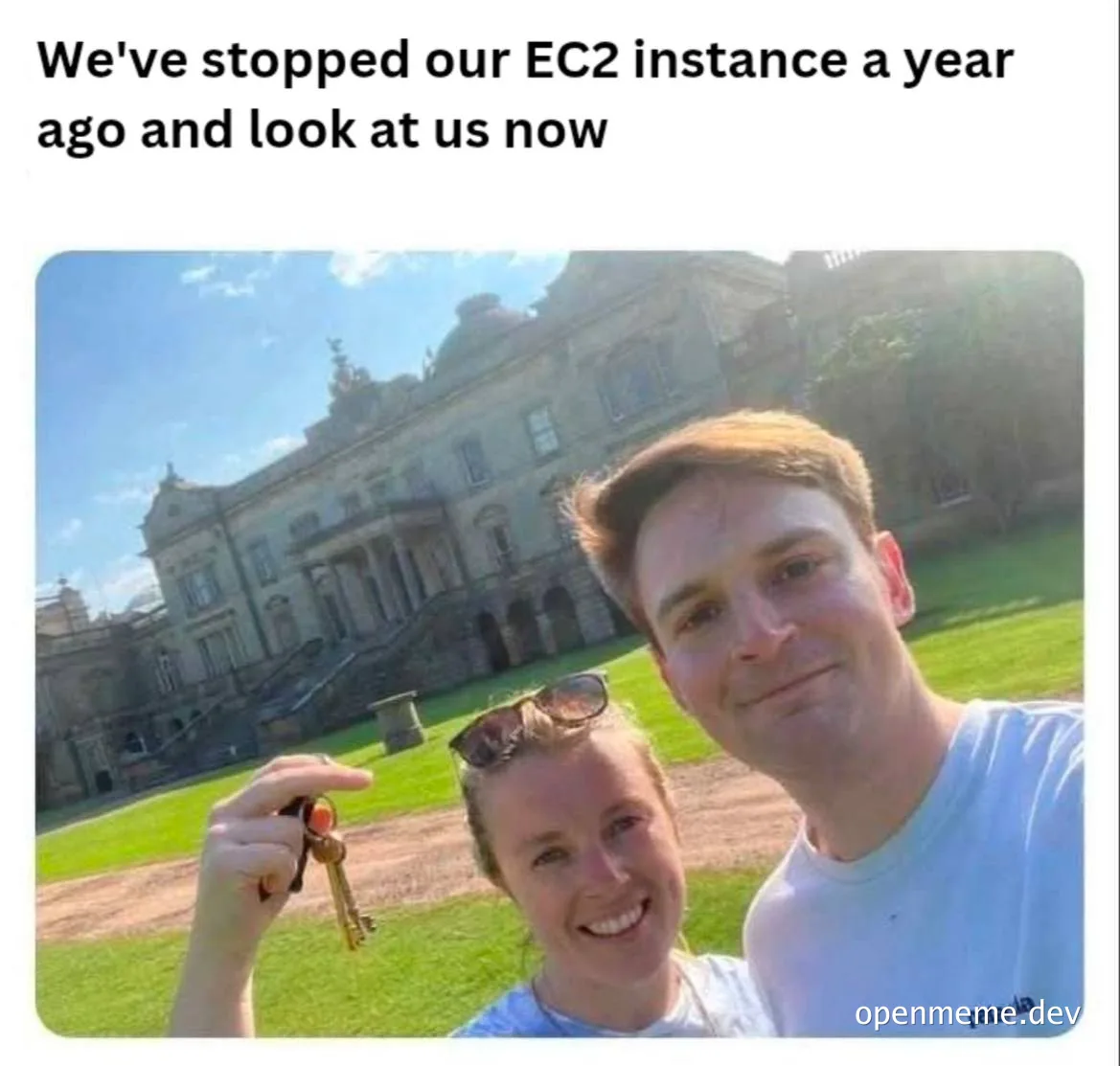 Couple in front of a large house holding keys with a humorous caption about stopping an EC2 instance