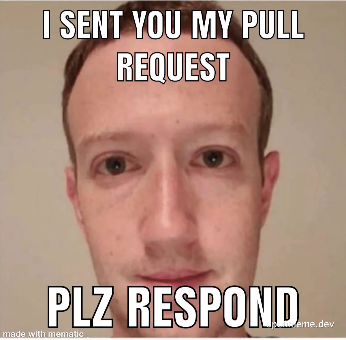 meme image of man with a pleading expression and text 'I SENT YOU MY PULL REQUEST PLZ RESPOND'