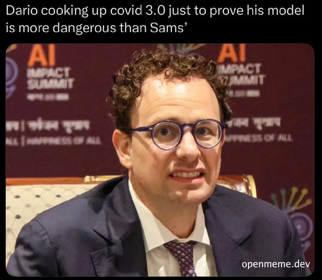 Dario Amodei at the AI Impact Summit looking concerned.
