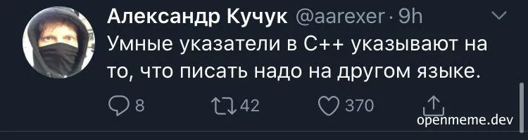 a man wearing a black mask and hoodie with a sarcastic tweet about C++
