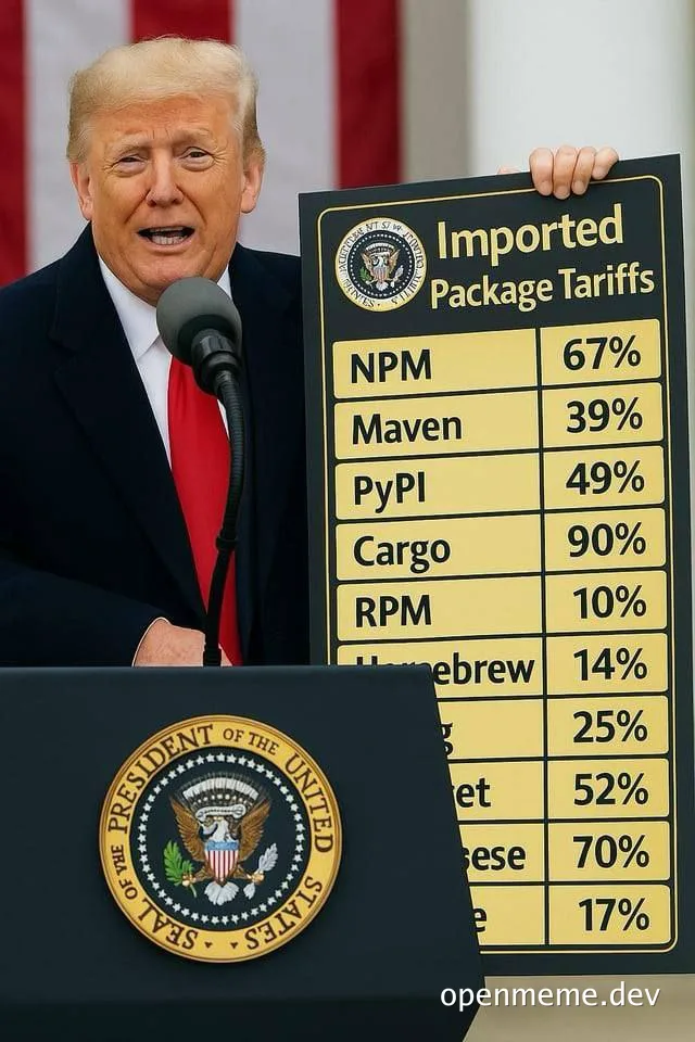 Donald Trump holding a sign with imported package tariffs for NPM, Maven, PyPI, Cargo, RPM, Homebrew and more