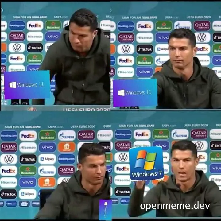Cristiano Ronaldo holds up Windows 7 and Windows 11 logos