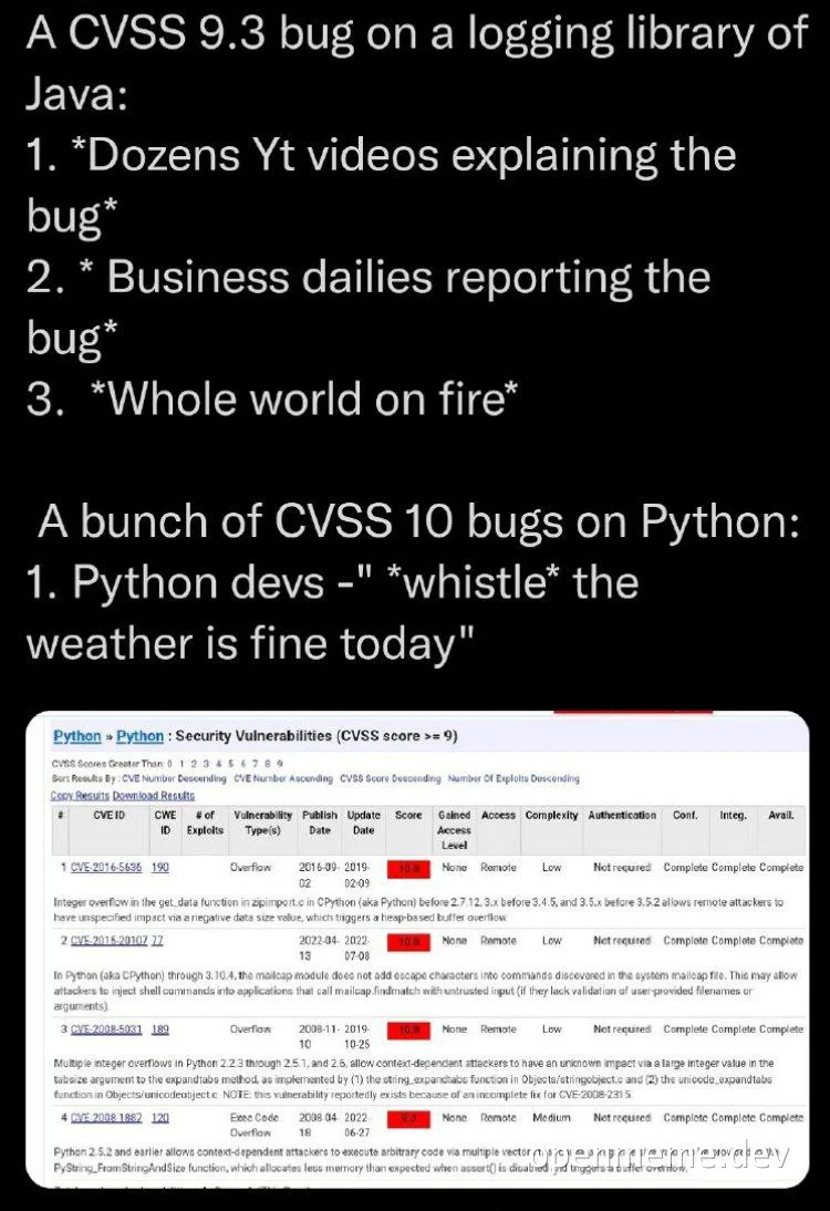 security vulnerabilities meme comparing java and python bugs