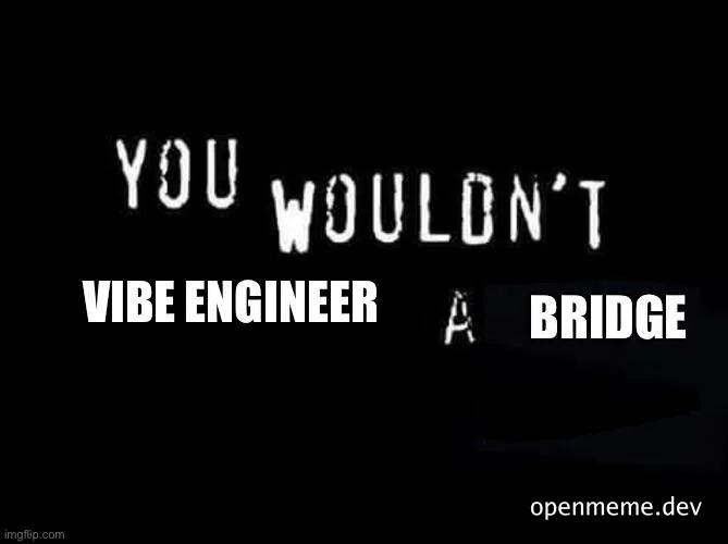 Black background meme with white text reading 'YOU WOULDN'T VIBE ENGINEER A BRIDGE'
