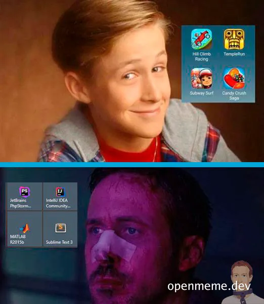 a meme contrasting a boy with gaming apps and a stressed developer with coding software