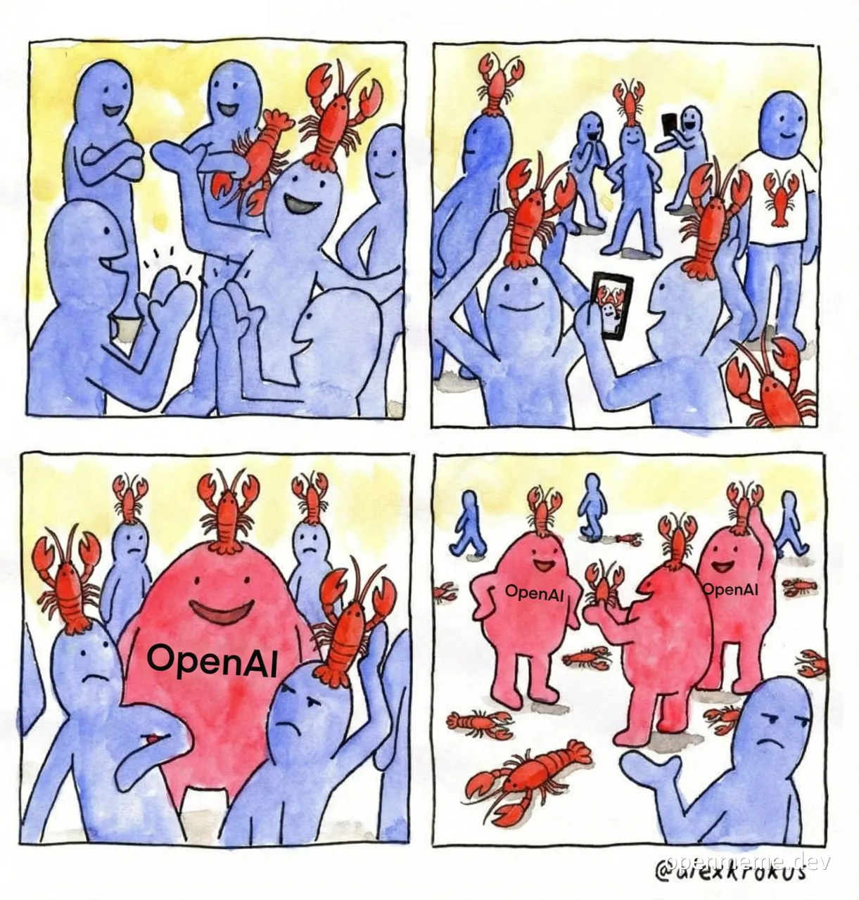 Cartoon depicting people with lobsters on their heads, one group labeled OpenAI