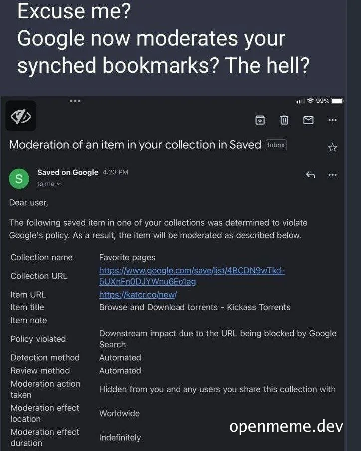 Google moderates synched bookmarks notification with a shocked expression