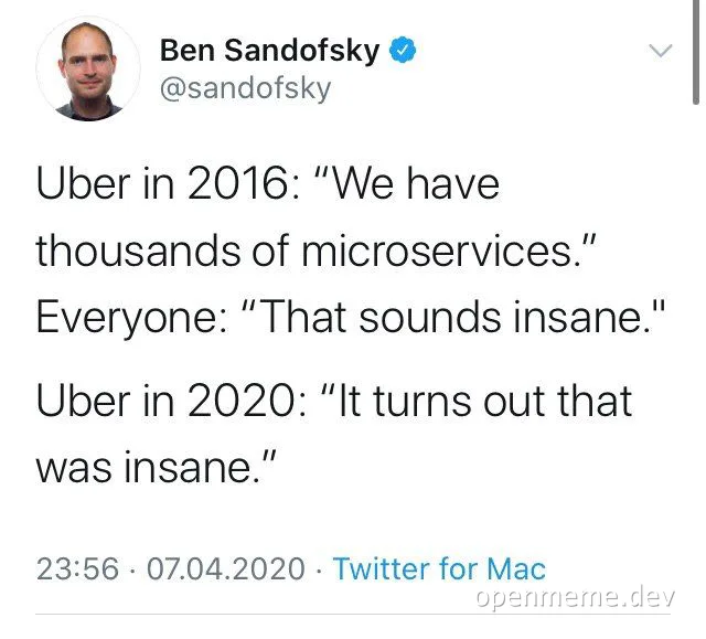 Uber microservices tweet by Ben Sandofsky