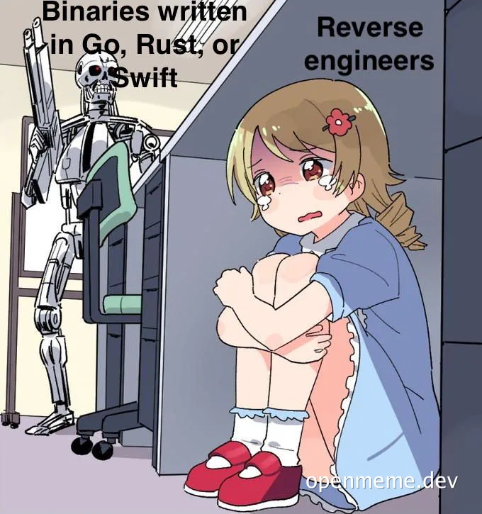 Cartoon girl cowering from robot, representing reverse engineers struggling with binaries written in Go, Rust, or Swift