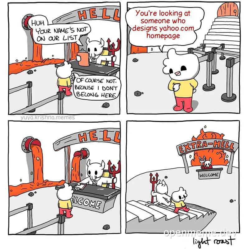 Cartoon character reacts to not being on hell's list because they design the Yahoo homepage