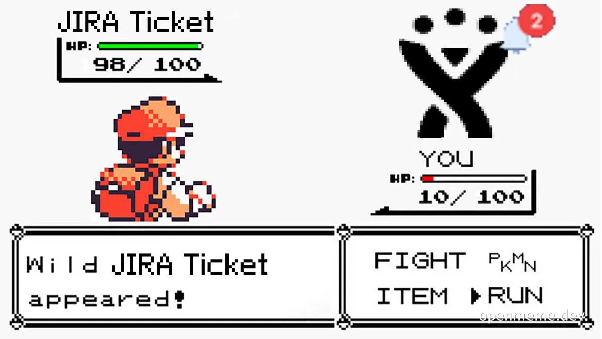 Pixel art of a character from Pokémon games facing a JIRA ticket monster