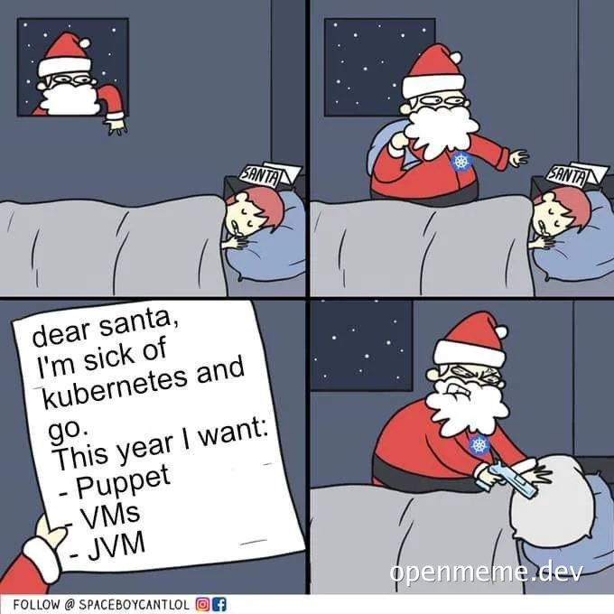 Cartoon of Santa Claus surprising a sleeping child with a syringe, with a letter to Santa about wanting Puppet, VMs, and JVM for Christmas