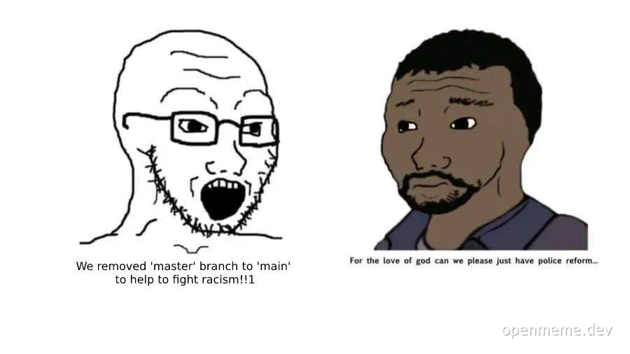 Reaction meme of two characters discussing Git branch naming and police reform