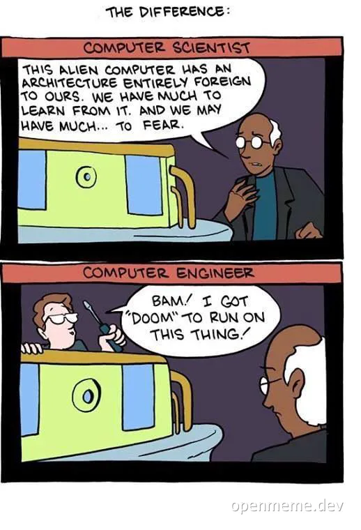 Comic strip comparing computer scientist and computer engineer reactions to an alien computer