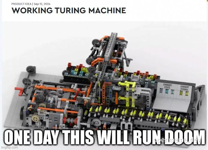 Lego Turing machine with text 'ONE DAY THIS WILL RUN DOOM'