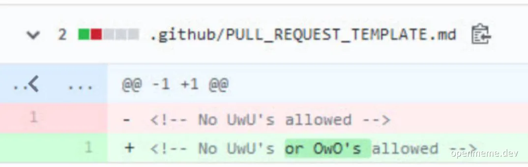 GitHub pull request diff on .github/PULL_REQUEST_TEMPLATE.md changing the line 'No UwU's allowed' to 'No UwU's or OwO's