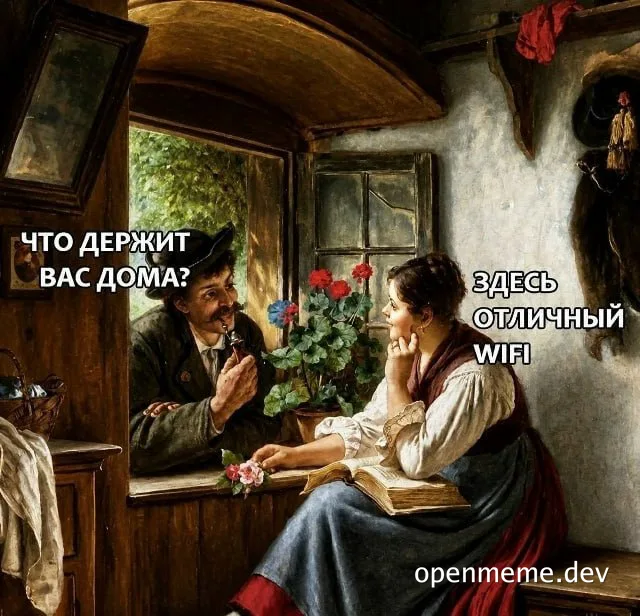 painting of a man and woman in old-fashioned clothing with russian and english text overlay