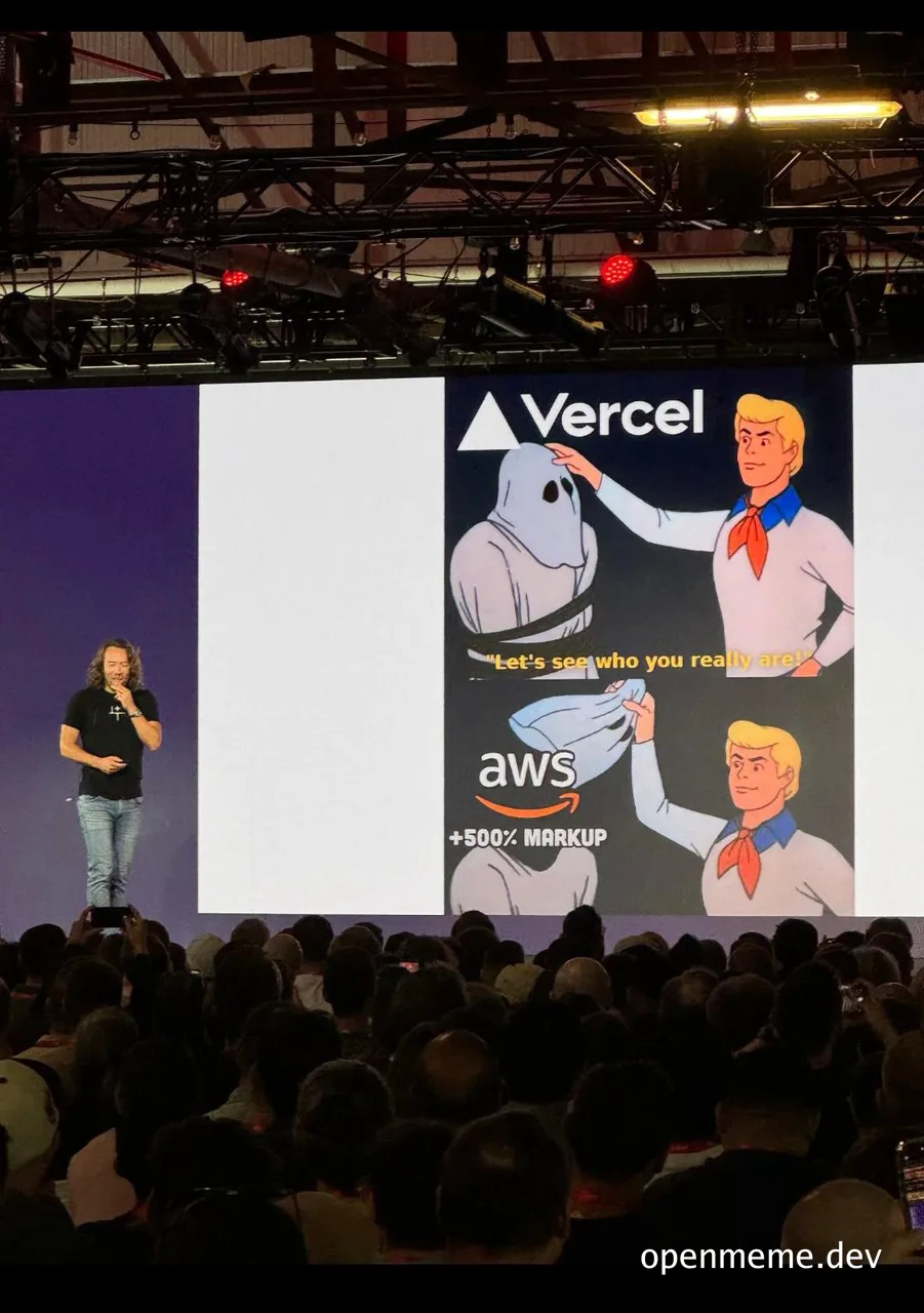 Scooby-Doo meme with Vercel and AWS logos on stage presentation