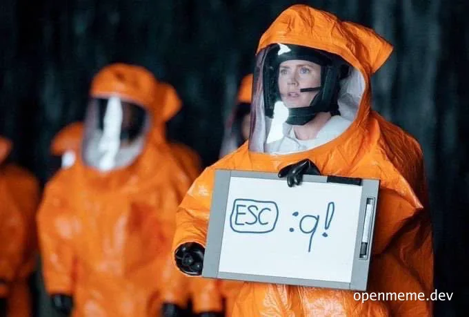 Person in hazmat suit holding whiteboard with ESC :q!