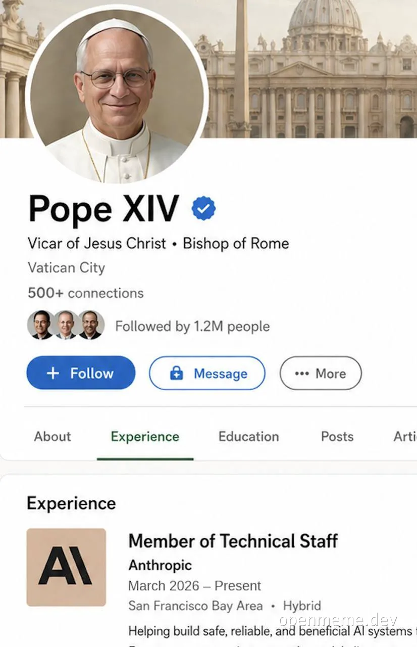 Satirical LinkedIn profile of Pope XIV working at Anthropic as Member of Technical Staff