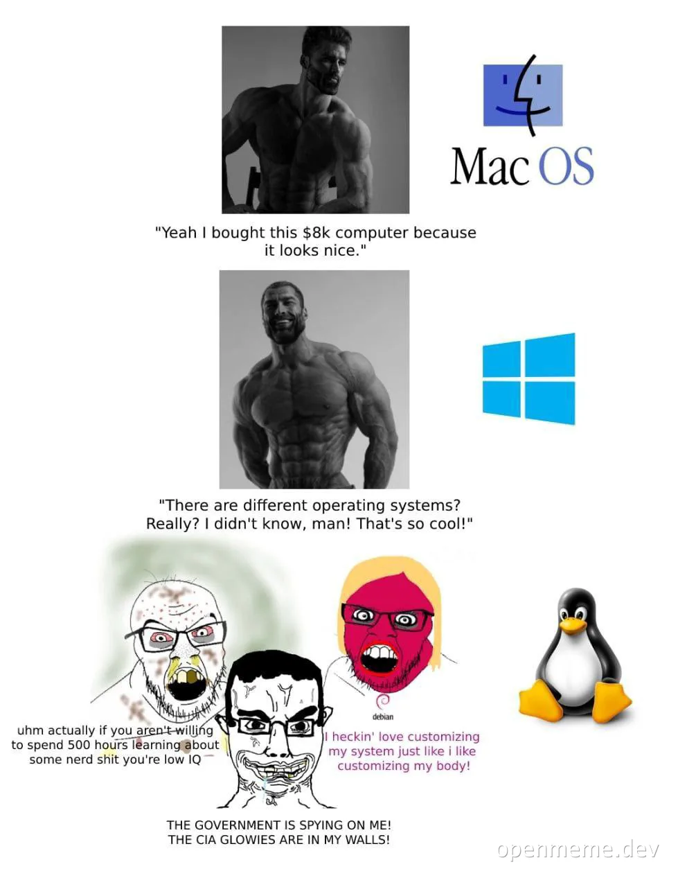 humorous comparison of macos, windows, and linux operating systems