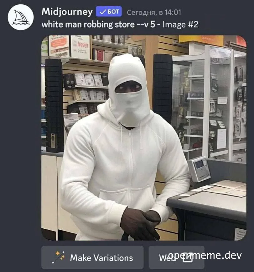 a dark-skinned man in a white balaclava hoodie robbing a store