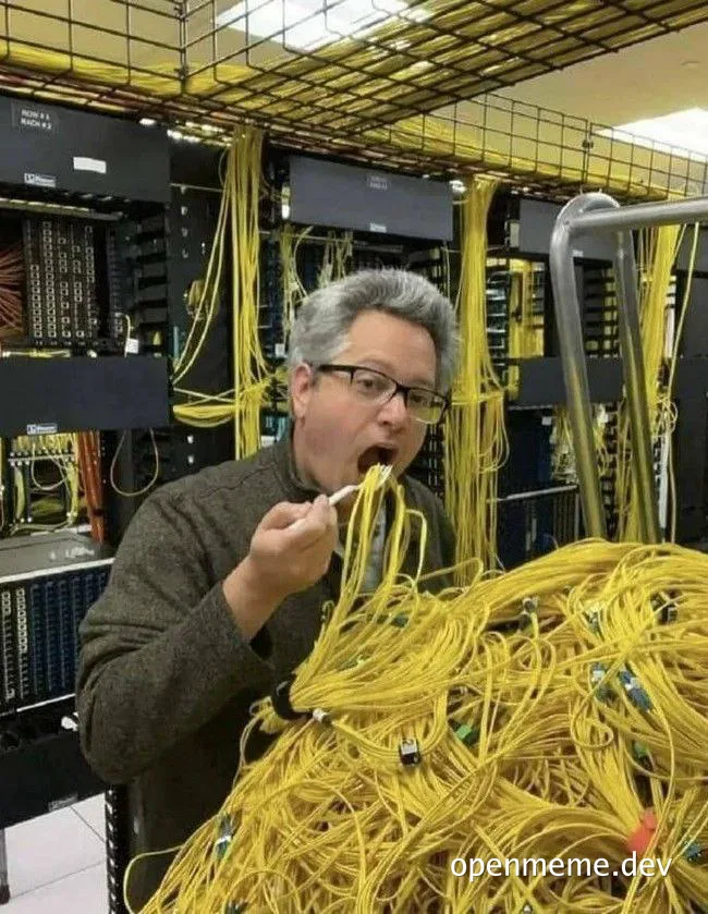 A man in glasses eating a bundle of yellow ethernet cables in a server room with messy racks.