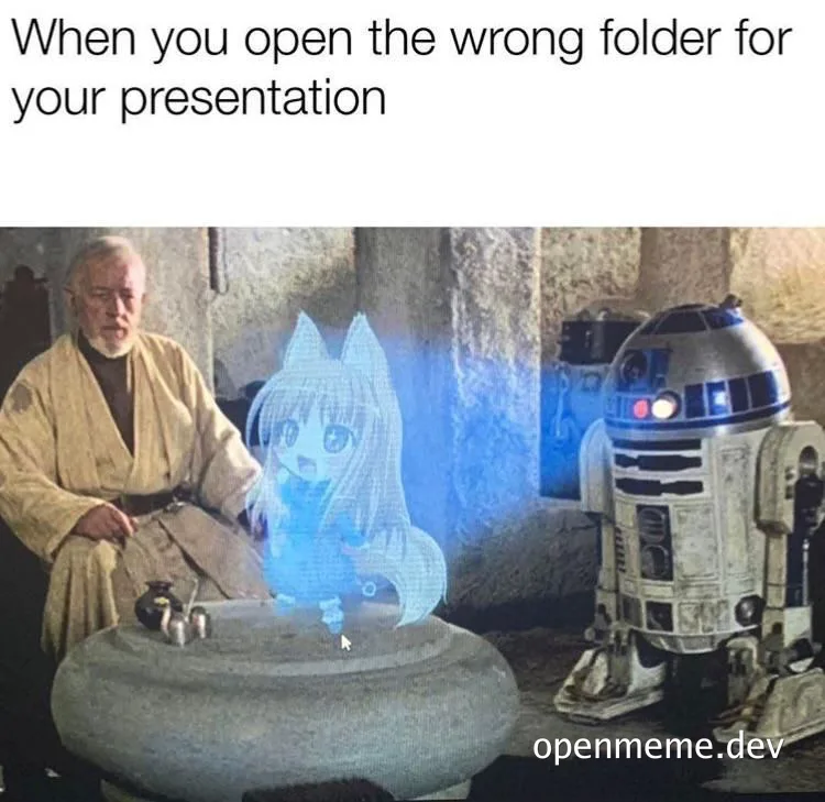 Star Wars scene with Obi-Wan Kenobi and R2-D2 looking at an anime girl on a screen