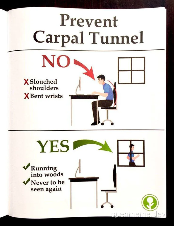 humorous poster about preventing carpal tunnel with bad and good sitting posture at a desk