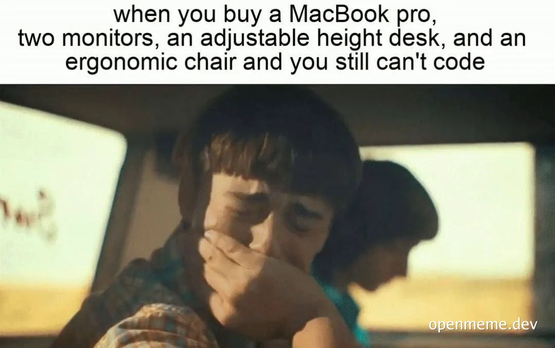 humorous meme of a frustrated developer with a MacBook and ergonomic setup