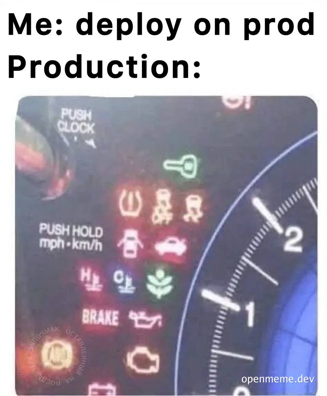 Dashboard with warning lights and the text 'Me: deploy on prod Production:'