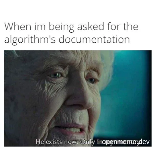 Elderly person with a puzzled expression and text about algorithm documentation