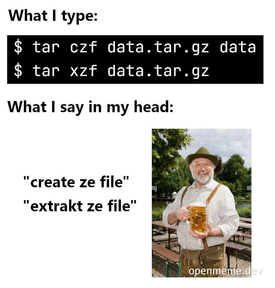 funny linux command meme with german beer drinker