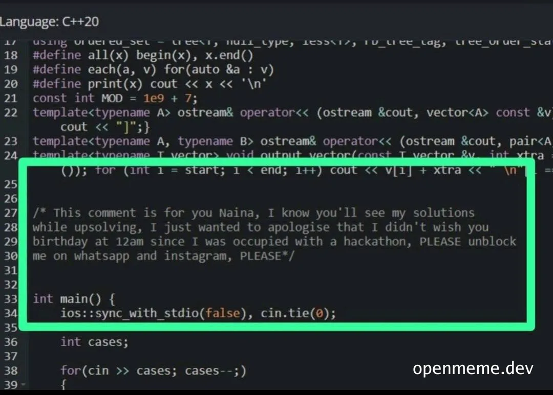code snippet with comment about missing birthday wish due to hackathon