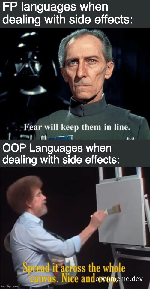 Star Wars meme comparing FP and OOP languages handling side effects