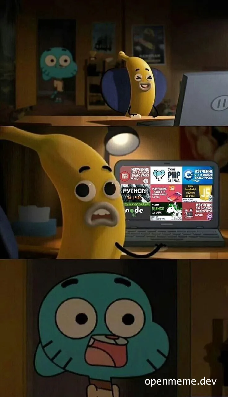 The Amazing World of Gumball meme with a banana and a blue cat looking at a laptop with various programming courses on the screen