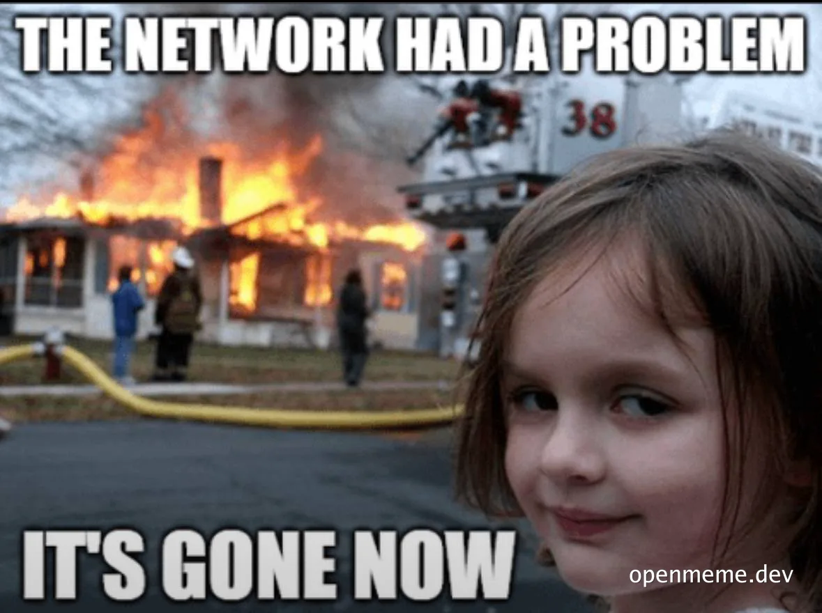 a young girl smiling in front of a burning house with the text 'THE NETWORK HAD A PROBLEM IT'S GONE NOW'