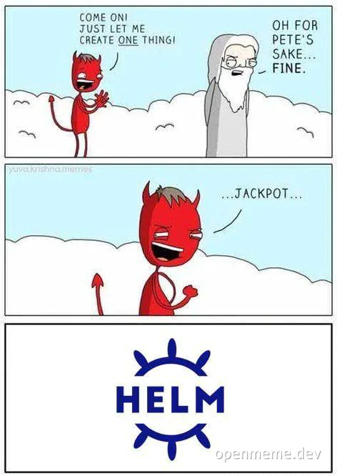 Devil and angel discuss creating something, ending with HELM logo