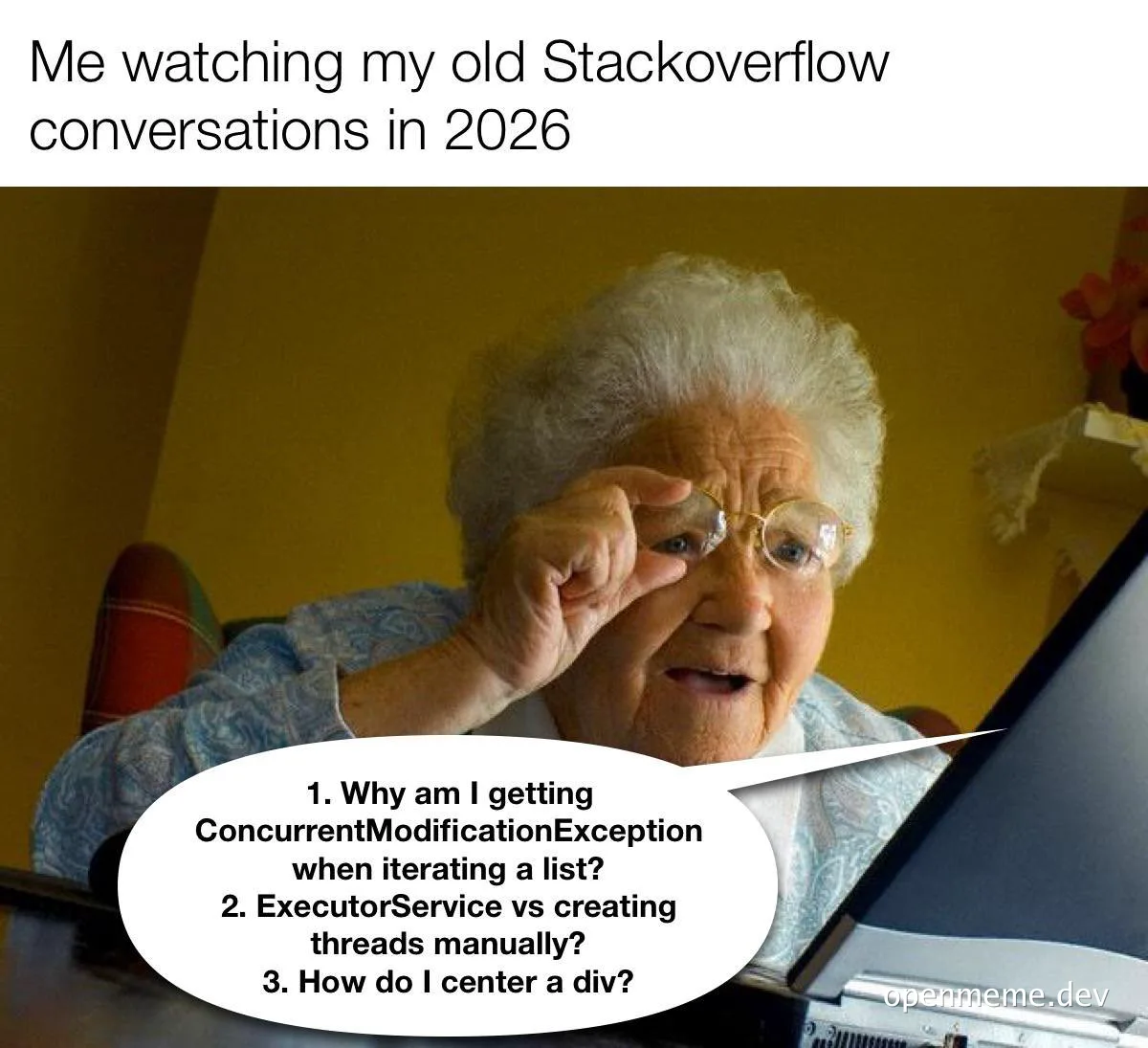 Elderly woman looking at old computer with shocked expression, meme about revisiting old Stack Overflow conversations