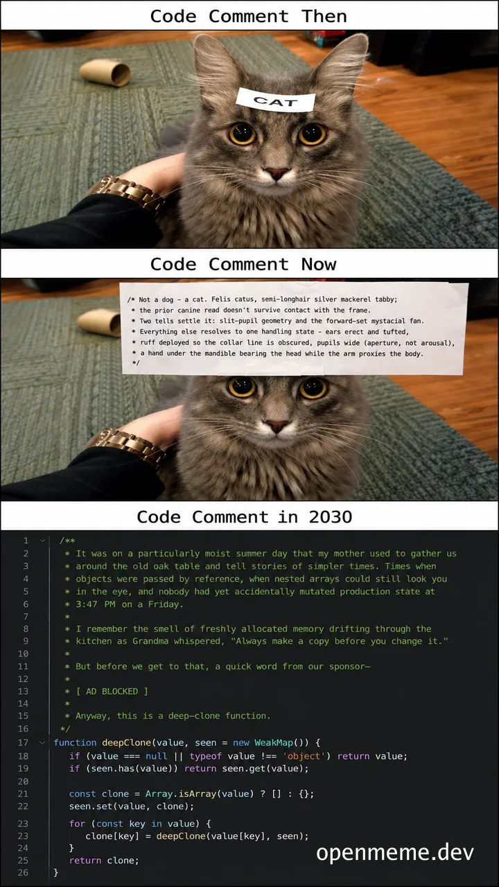 Meme showing a cat with labels 'Code Comment Then', 'Code Comment Now', and 'Code Comment in 2030' featuring increasingly verbose and dramatic text.