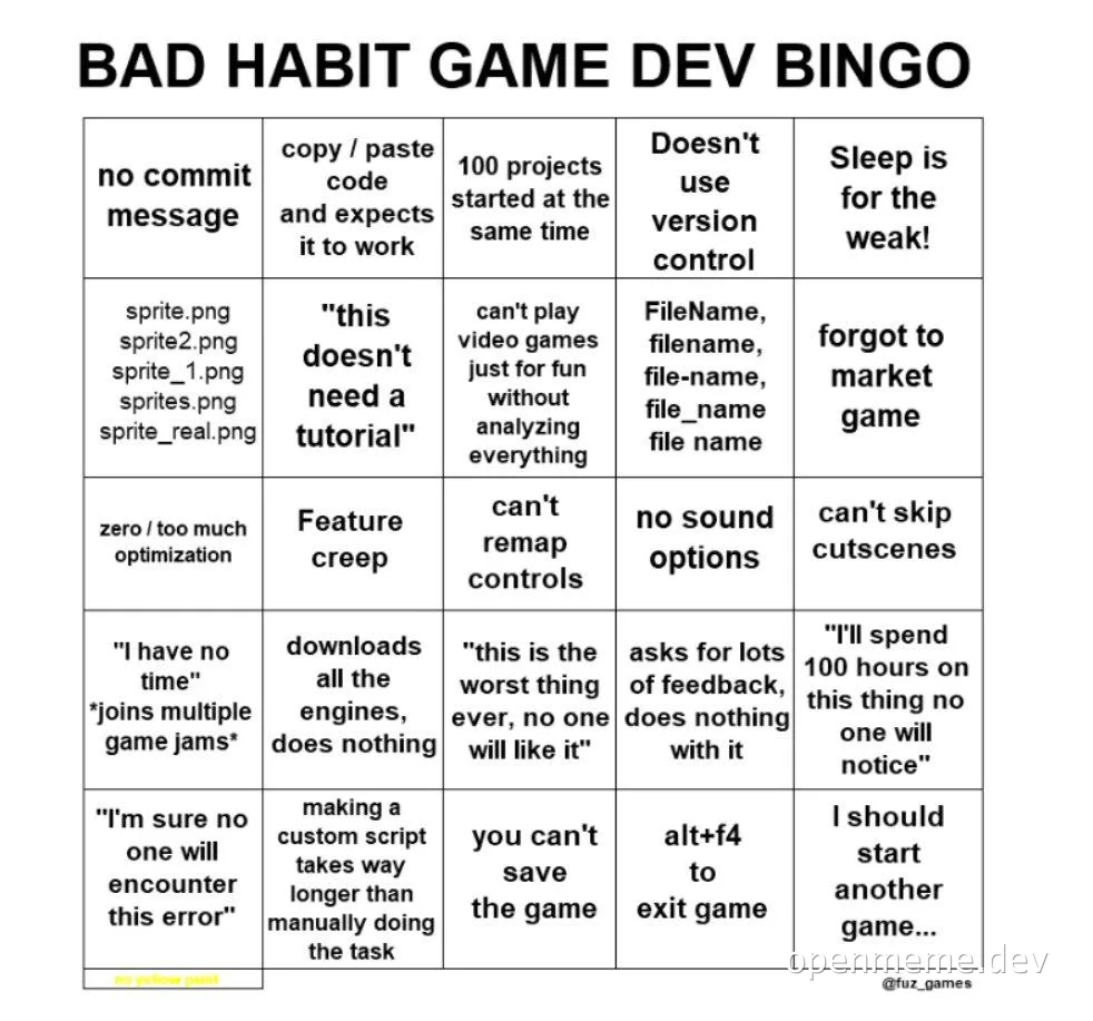 Bad Habit Game Dev Bingo