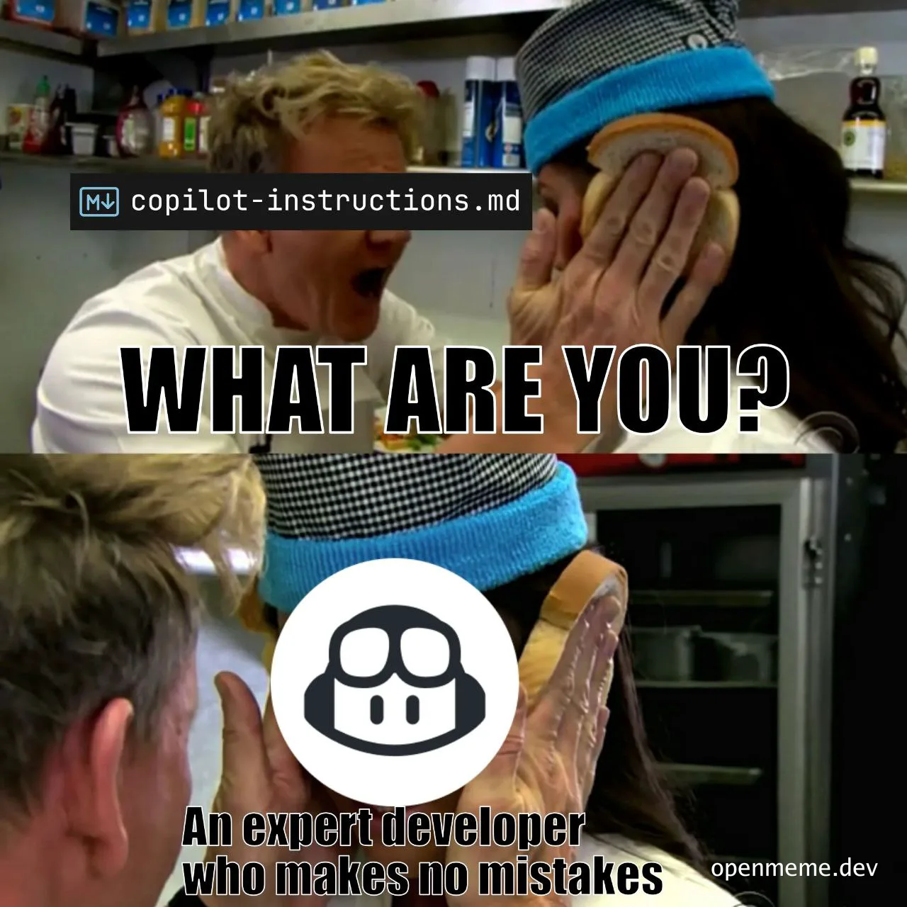 Humorous meme of chef asking 'WHAT ARE YOU?' with a GitHub Copilot logo and text 'An expert developer who makes no mistakes'
