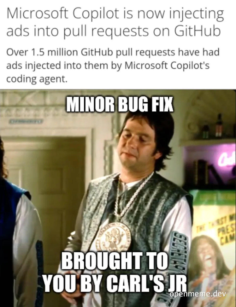 humorous image of man with text 'MINOR BUG FIX BROUGHT TO YOU BY CARL'S JR'
