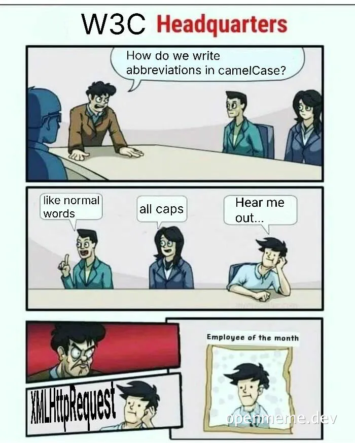 W3C Headquarters meme about camelCase abbreviations