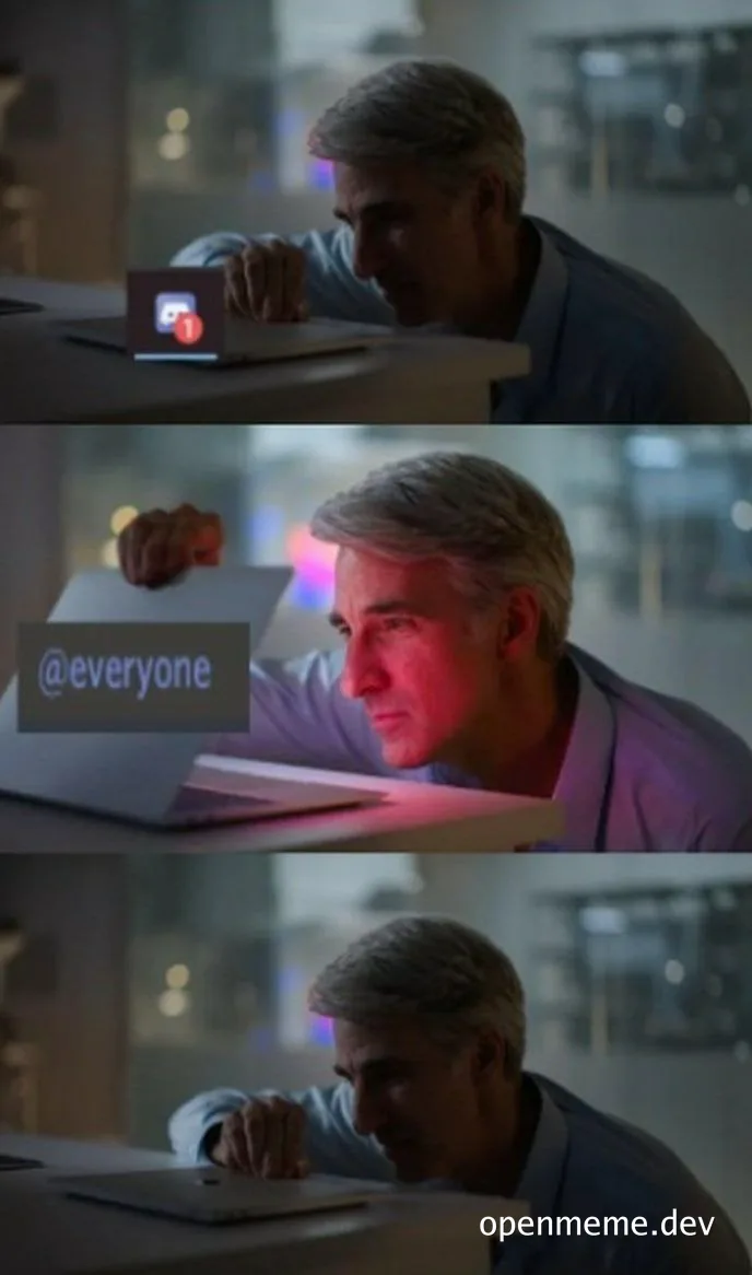 Elderly man reacting to @everyone notification on laptop