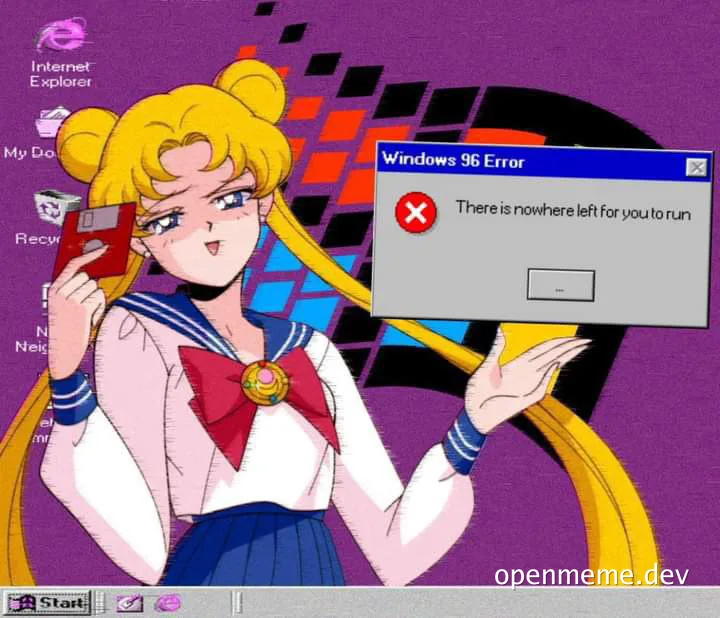 Sailor Moon character holding a floppy disk with a Windows 96 error message