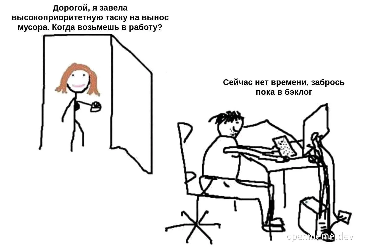 A developer ignores a woman asking about a high-priority task to throw out the trash